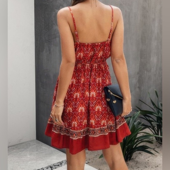 Red Floral spaghetti strap button down ruffle mini dress - Picture 2 of 3